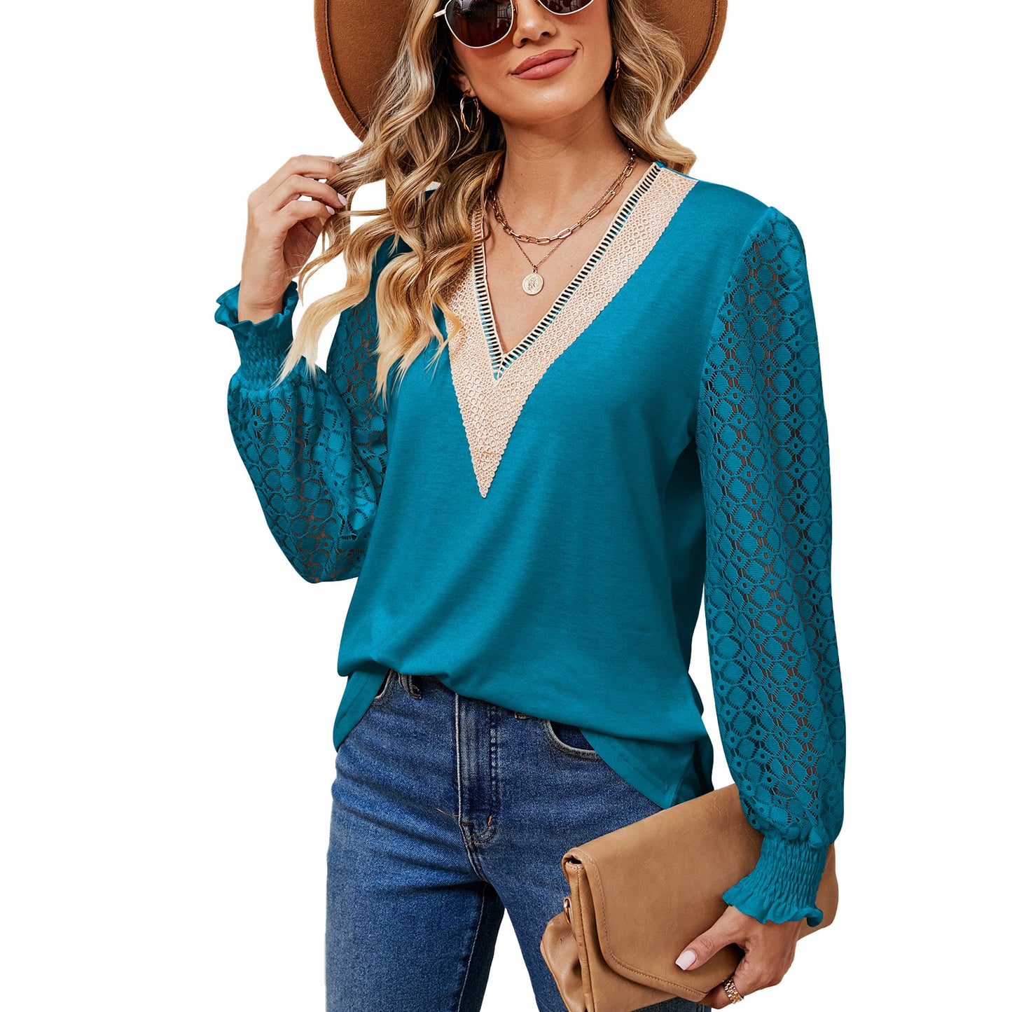 Women's Lace Patchwork Loose Long-sleeved T-shirt Blouses