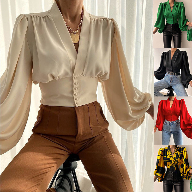 Spring Elegant Button Lantern Sleeve Shirt Blouses