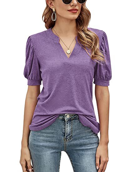 Women's Casual V-neck Solid Color Puff Sleeve Loose Tops