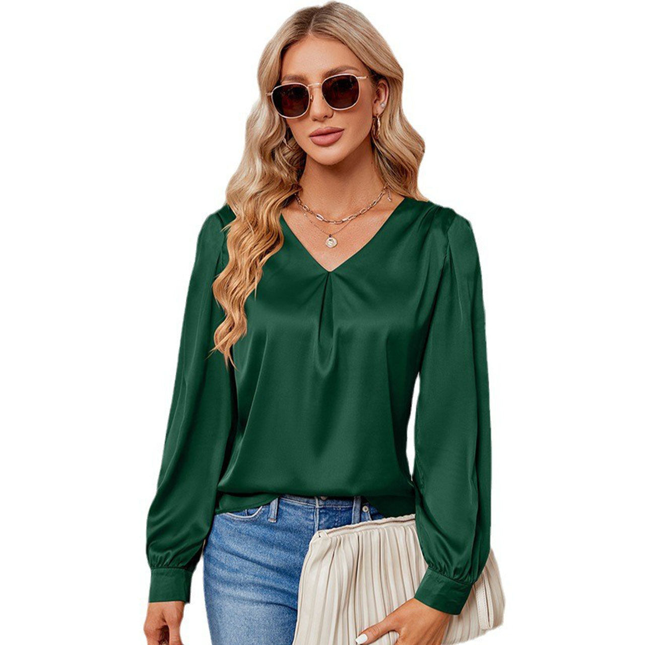 Women's Creative Satin Pleated Long-sleeved Shirt Blouses