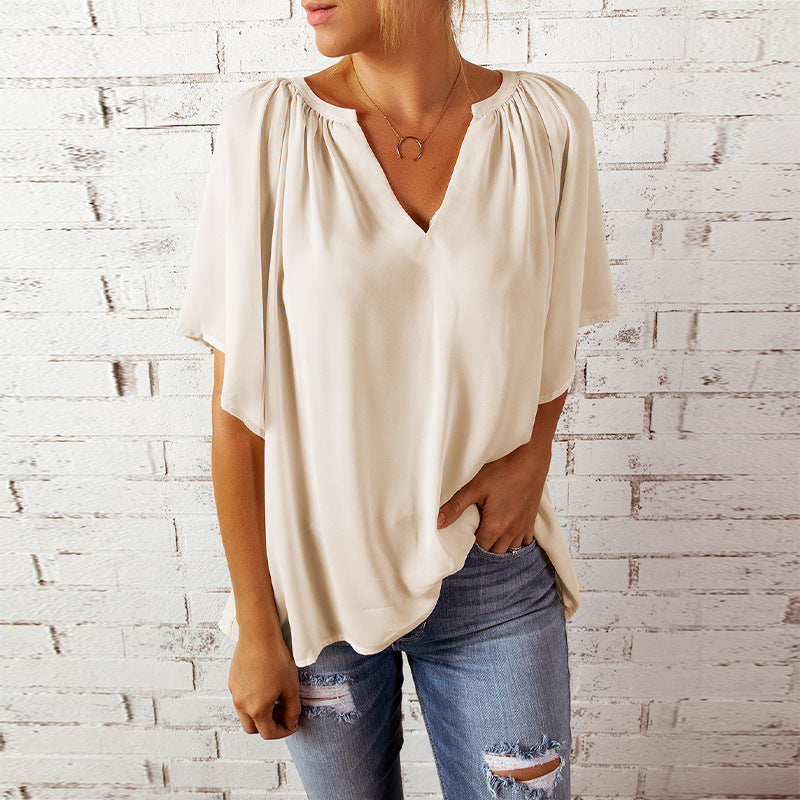 Women's Loose Half Sleeve T-shirt V-neck Pullover Solid Blouses