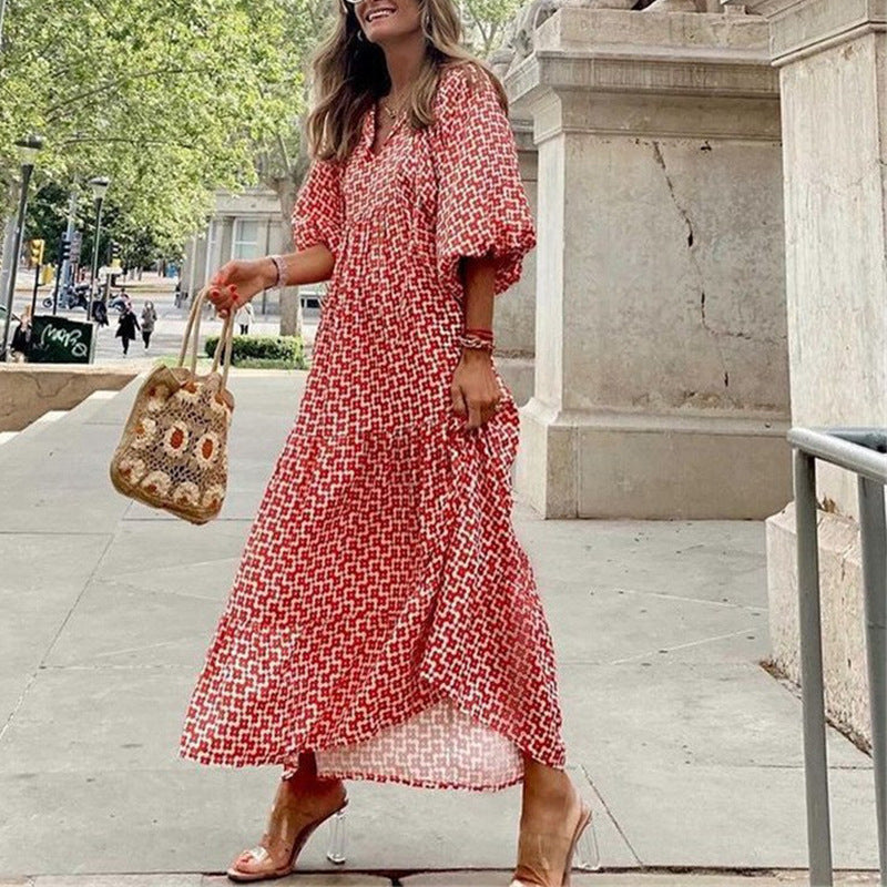 Robes imprimées de tempérament à manches lanternes bohème pour femmes