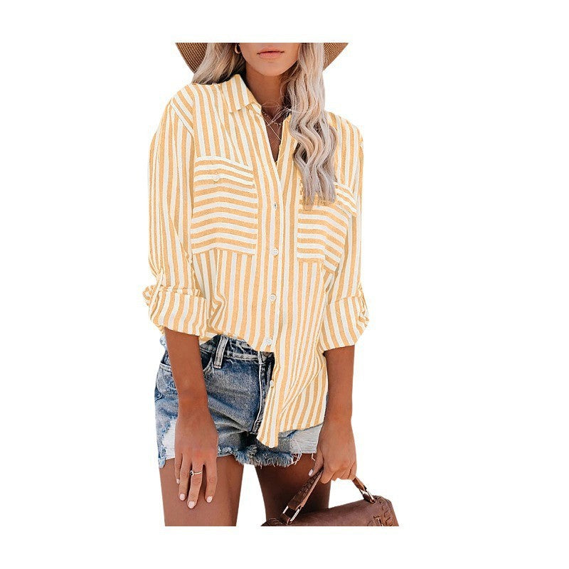 Women's Polyester Striped Single-breasted Long Sleeve Blouses