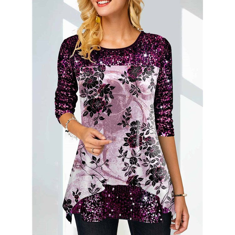 Women's Fashion Print Round Neck T-shirt Blouses