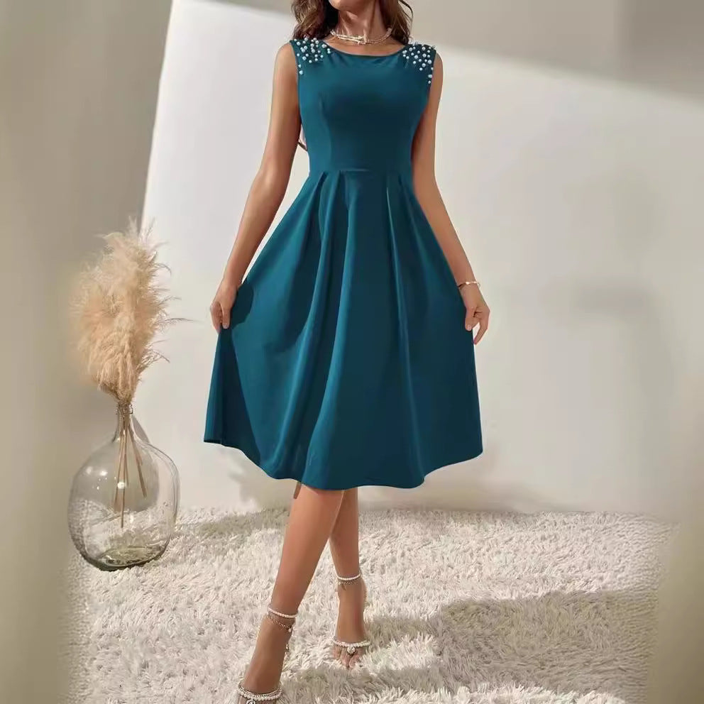 Women's Elegant Slim Fit Round Neck Bead Dresses