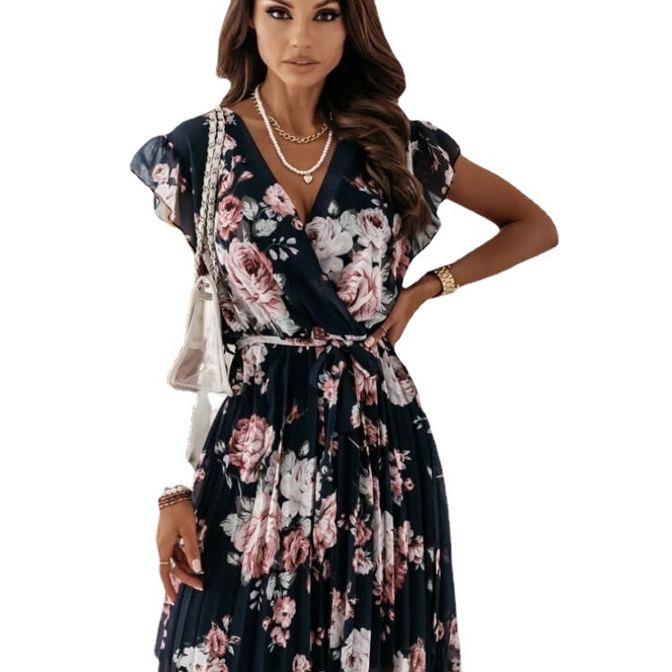 Women's Dress Summer Floating Sleeve Floral Pleated Dresses