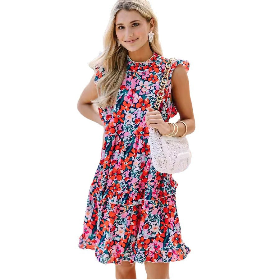 Women's Summer Printed Wooden Ear Collar Ruffled Dresses