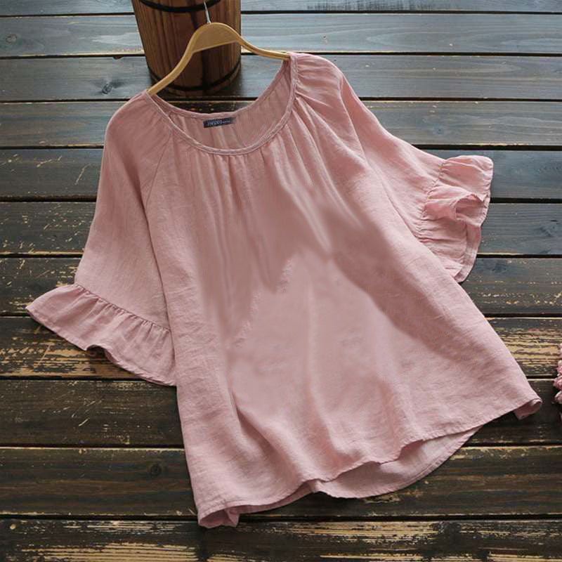 Women's Color Sleeve Ruffle Summer Cotton Linen Blouses