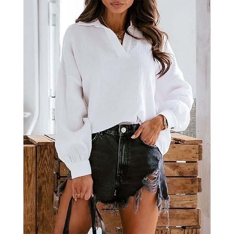 Women's Lapel Lantern Long Sleeve Solid Color Blouses