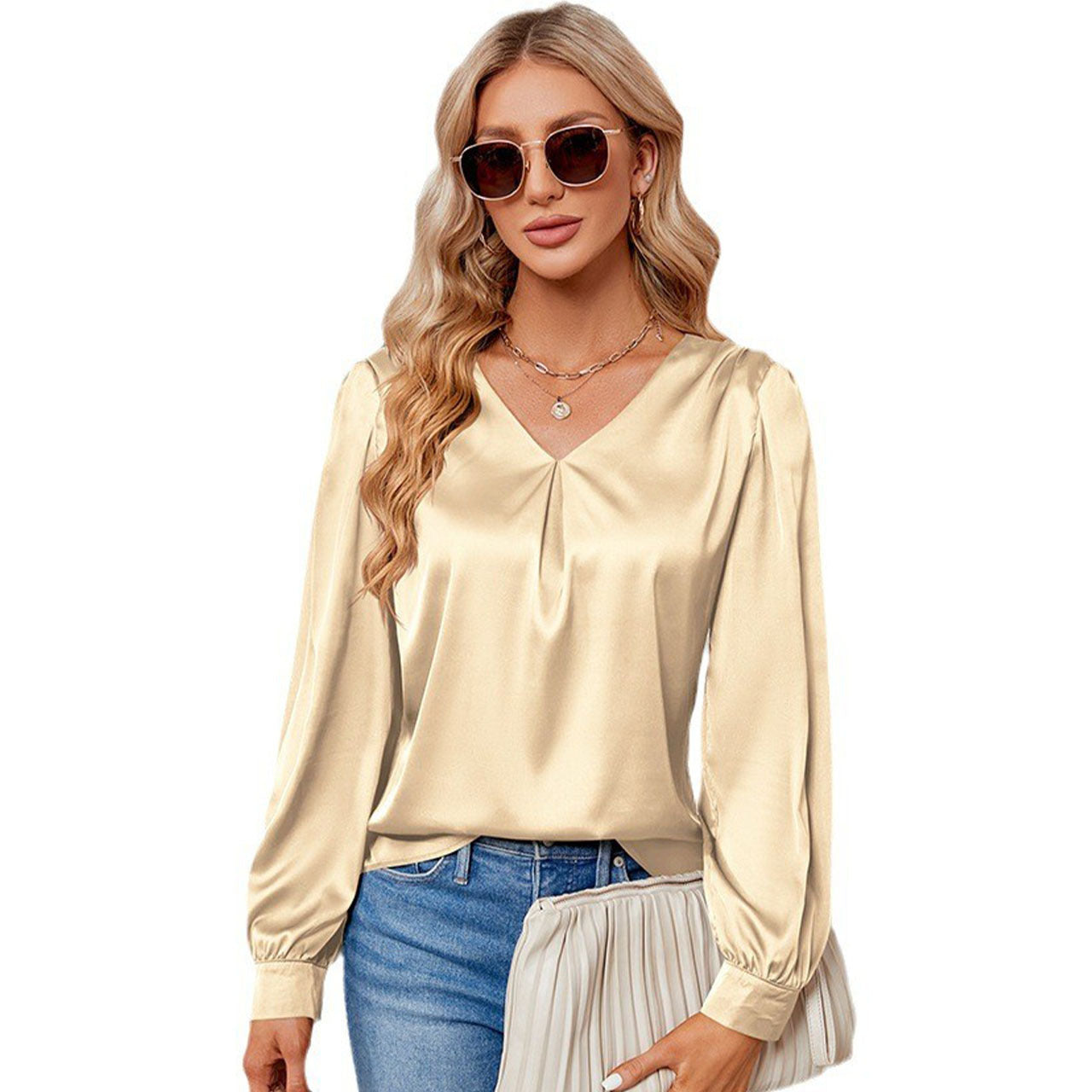 Blouses de chemise à manches longues plissées en satin créatif pour femmes