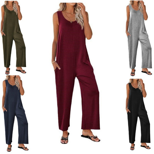 Women's Sling Loose Straight Solid Color Wide Jumpsuits