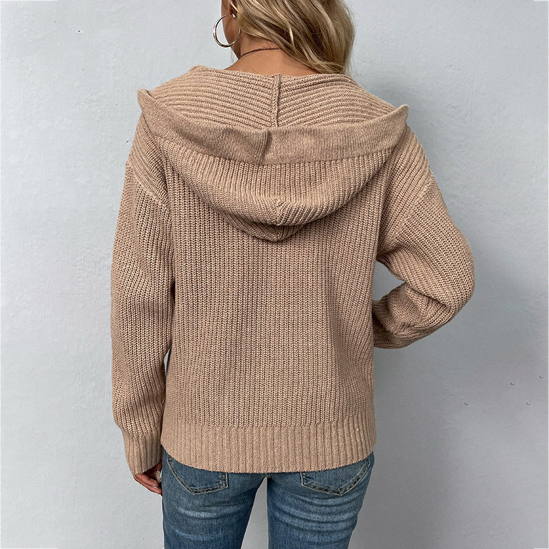 Women's Solid Color Hooded Zipper Drawstring Pocket Knitwear