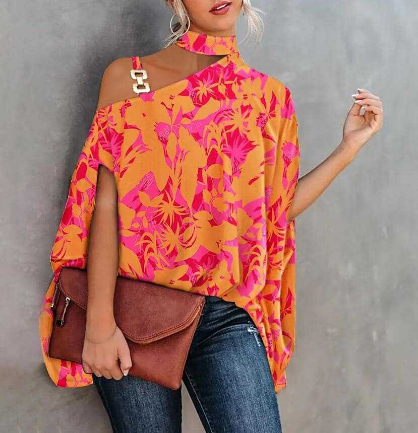 Damen Sommer Neckholder Blusen mit Fledermausärmeln und Print