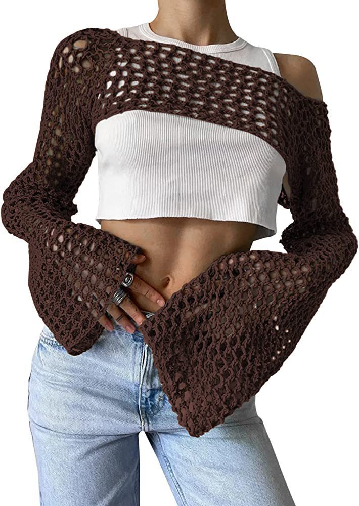 Women's Autumn Hand Crochet Casual Bell Sleeve Sexy Knitwear