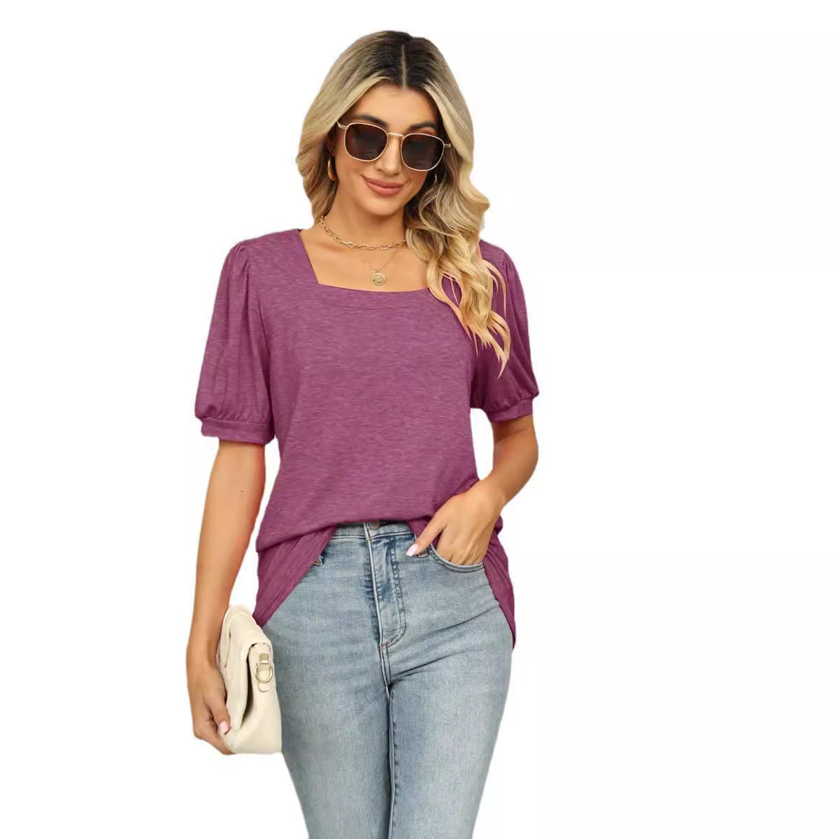 Women's T-shirt Solid Color Square Collar Pleated Blouses