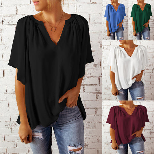 Women's Loose Half Sleeve T-shirt V-neck Pullover Solid Blouses