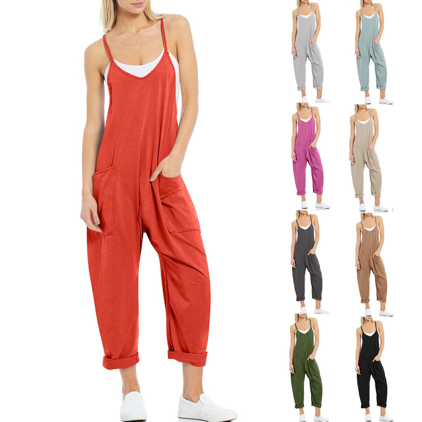 Women's Pocket Spaghetti Straps Knitted One-piece Trousers Jumpsuits