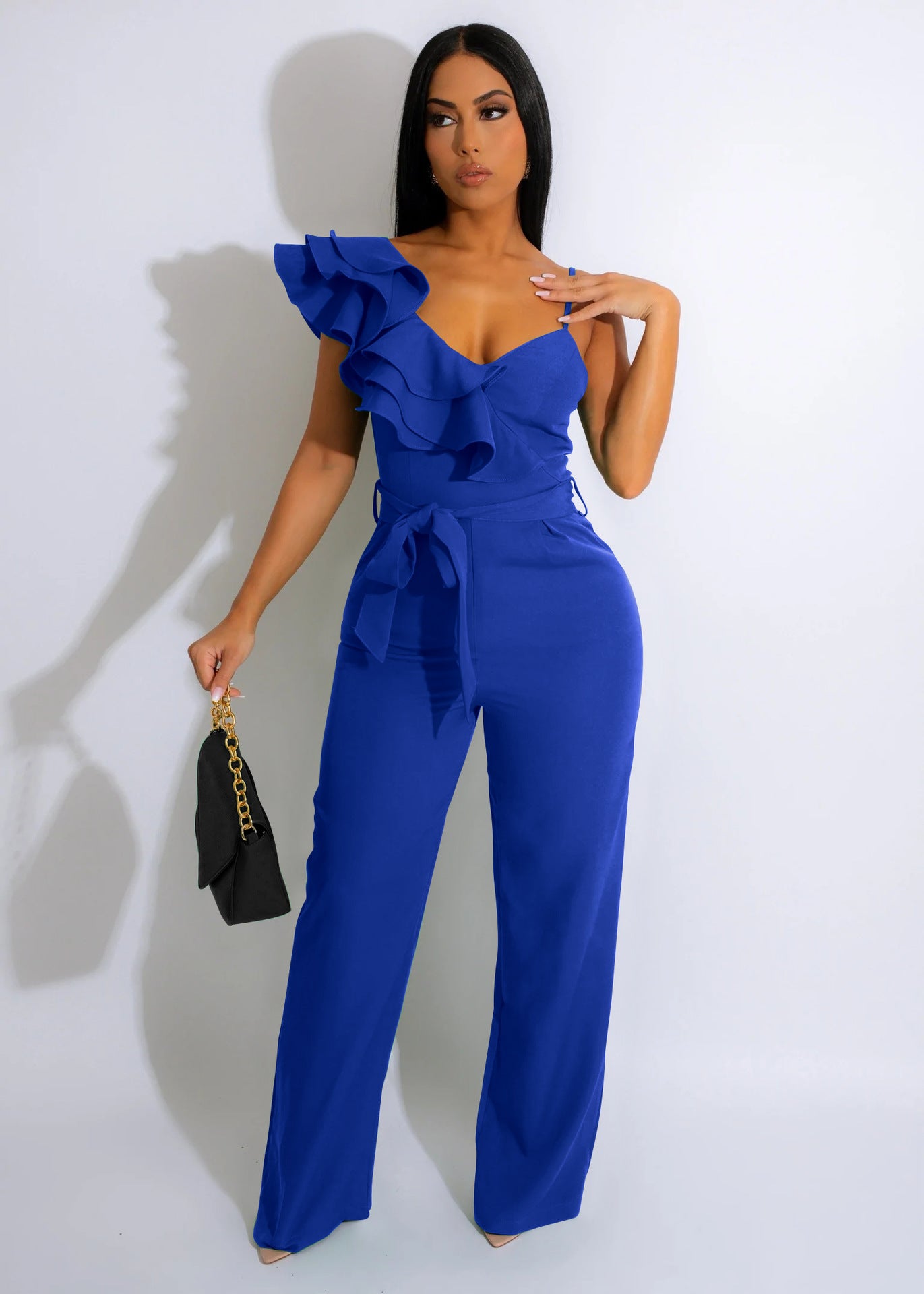 Damen Jumpsuits mit Rüschen, einer Schulter, ärmellos, Taille, tiefem V-Ausschnitt, locker und einfarbig