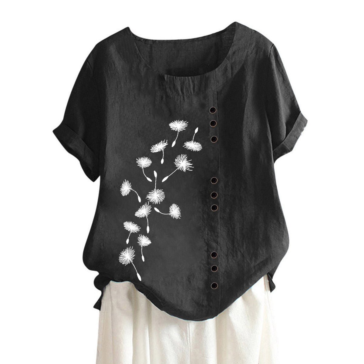 Sleeve With Buttons Round Neck Print Blouses