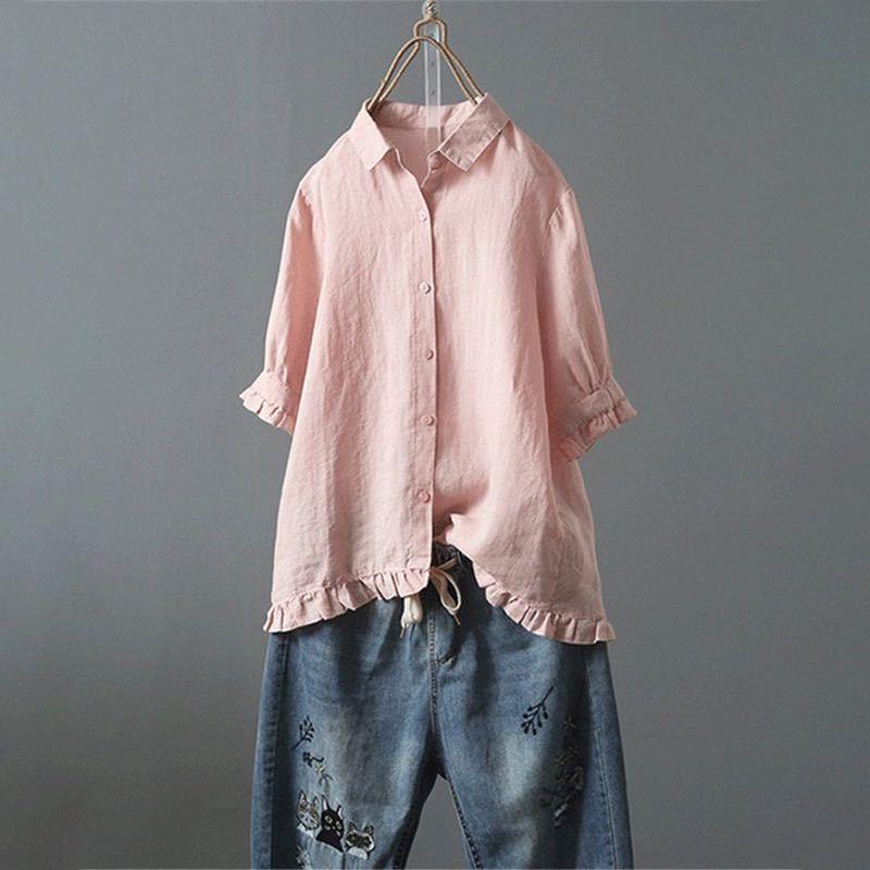 Women's Linen Casual Single-breasted Ruffled Sleeves Shirt Blouses