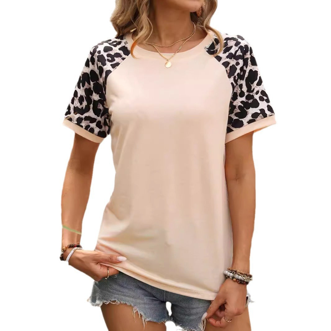 Women's Summer Round Neck Leopard Print Sleeve Blouses