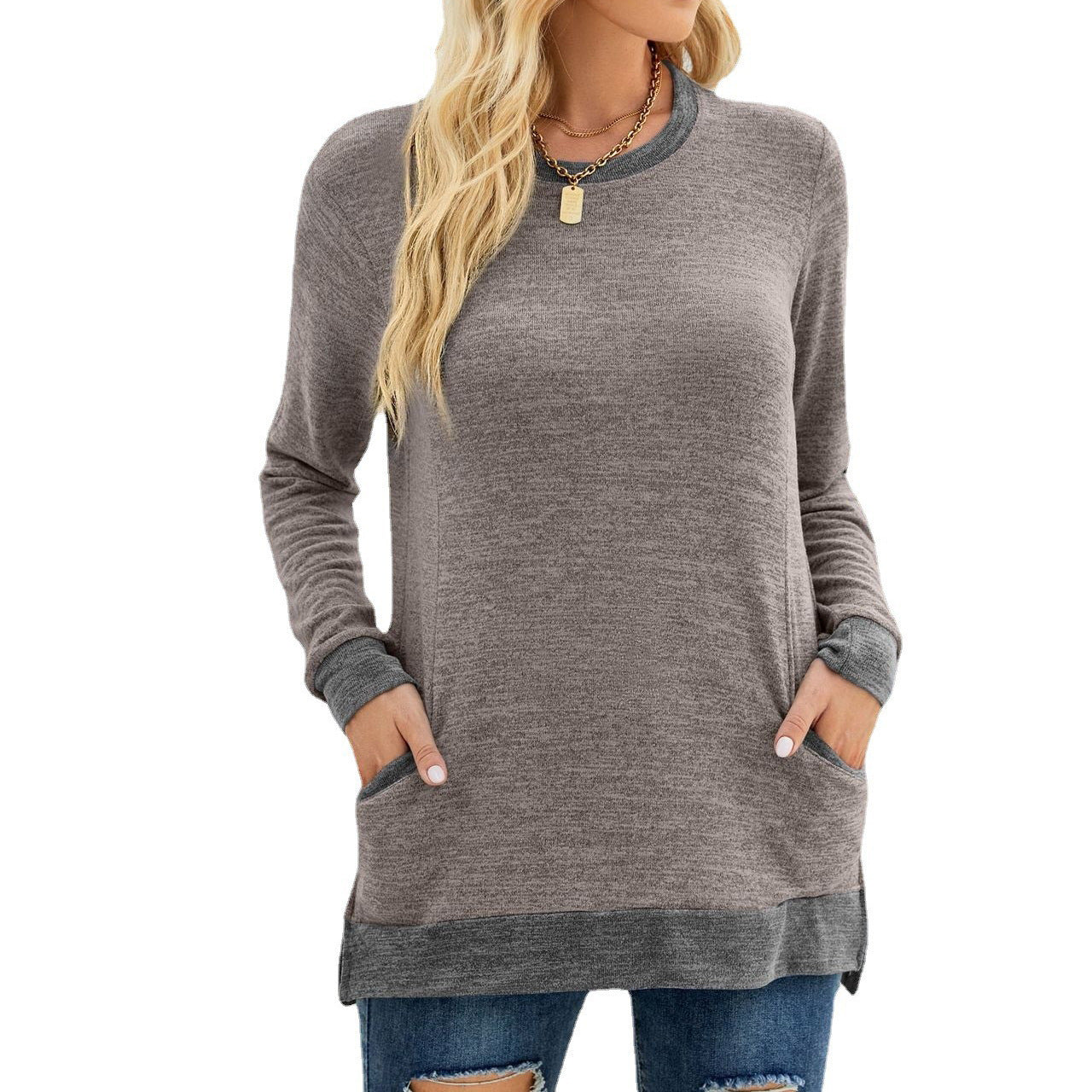 Women's Round Neck Multicolor Pocket Long Sleeve Tops