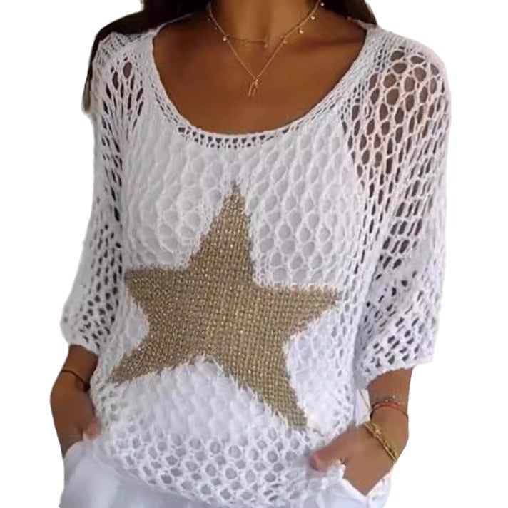 Tricot d'été cinq étoiles pour femmes, col rond, élégant, manches courtes, tricot