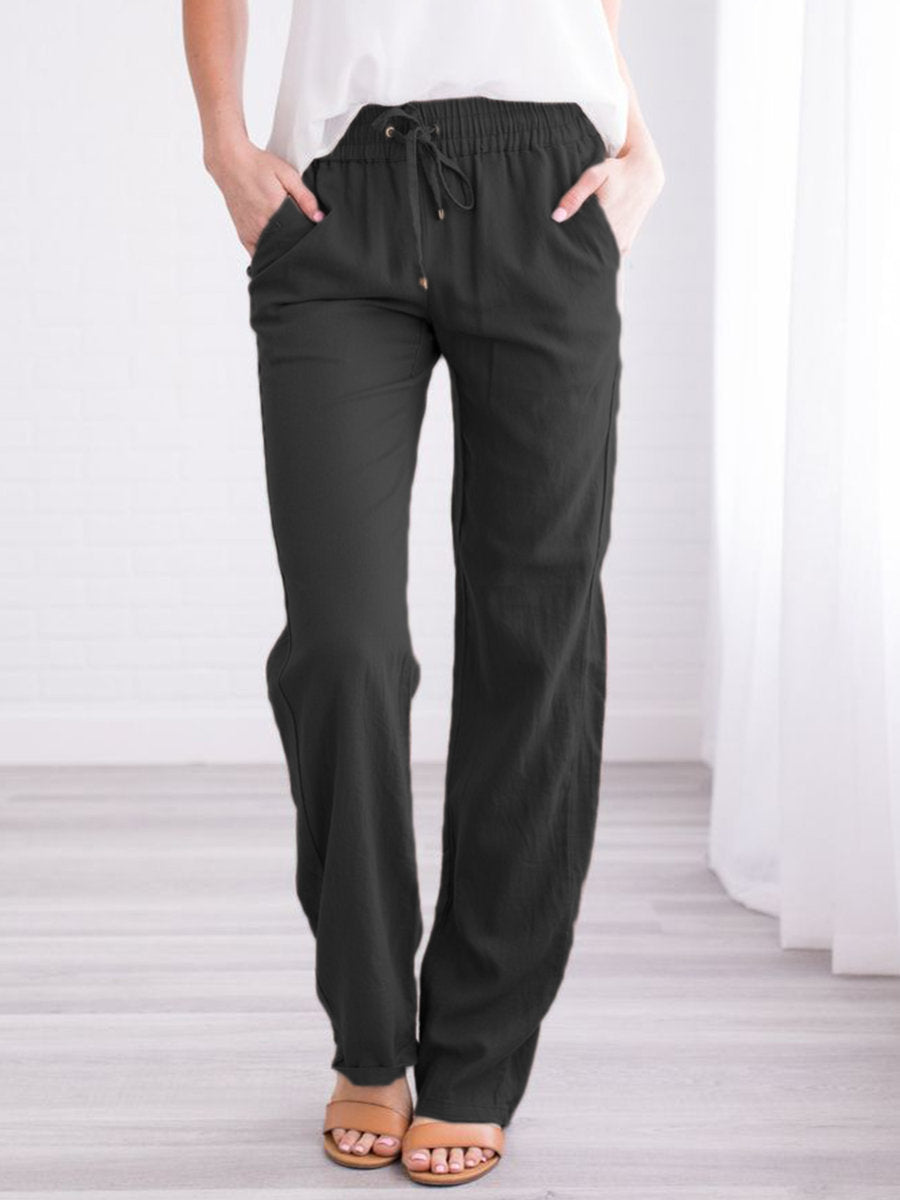 Women's Solid Color Cotton And Linen Loose Drawstring Pants