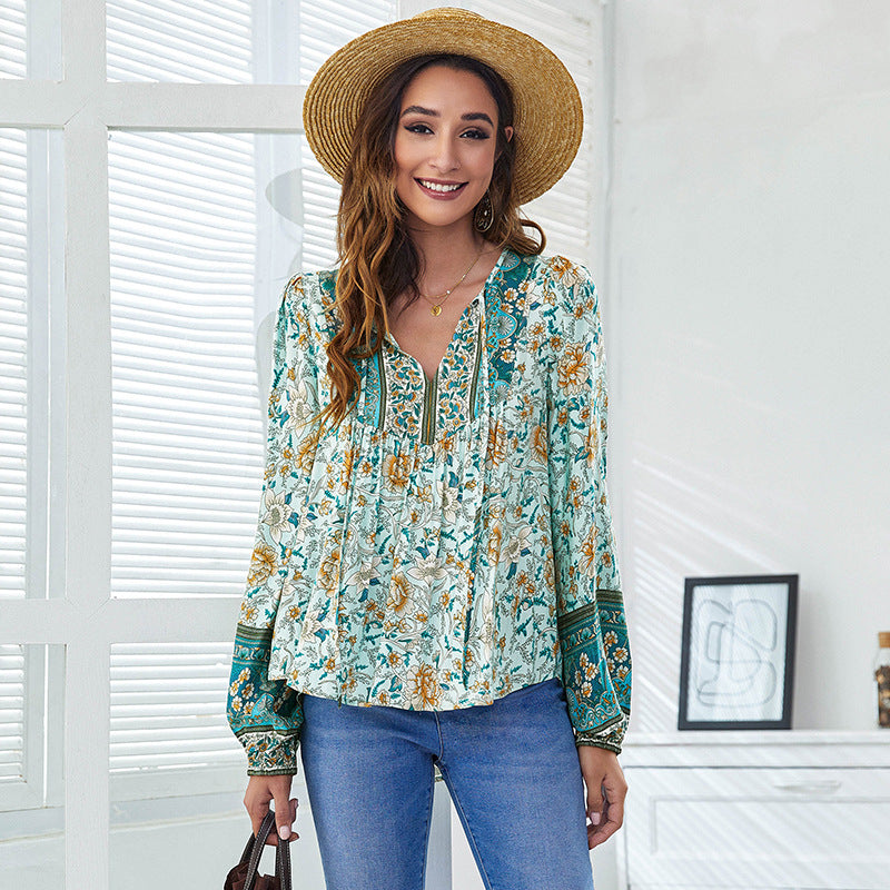 Spring Collar Printed Loose Lantern Long-sleeved Tops