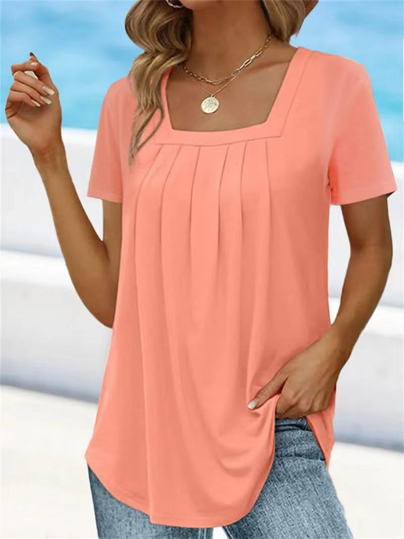 Women's Summer Pleated Square Collar Solid Color Blouses