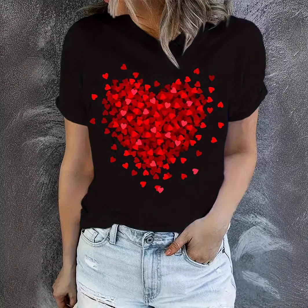 Women's Heart Printing Round Neck Cuff Sleeve Blouses