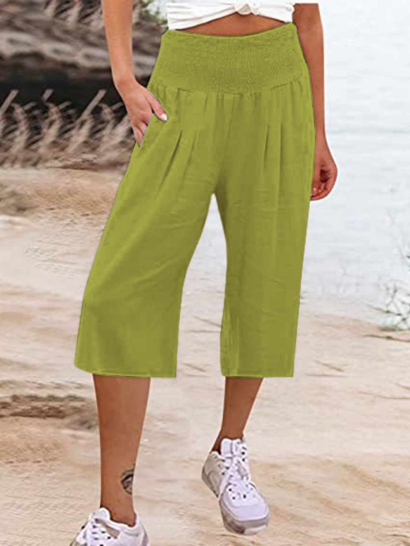 Women's Linen Cropped Waist Smocking Thin Pocket Pants