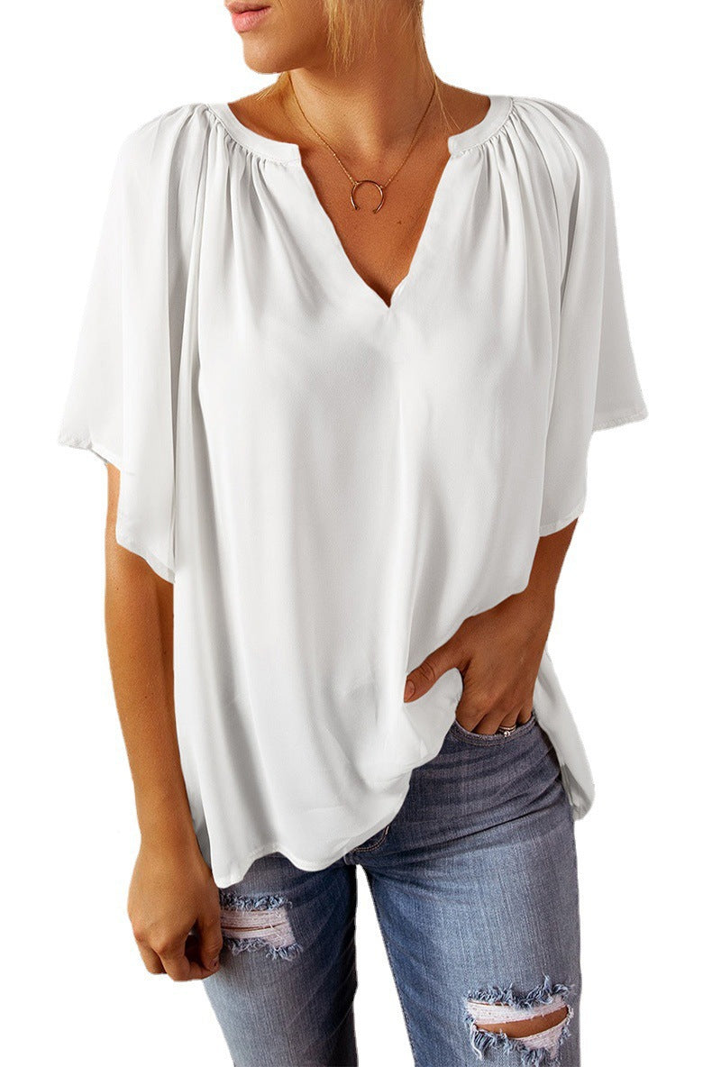 Women's Loose Half Sleeve T-shirt V-neck Pullover Solid Blouses