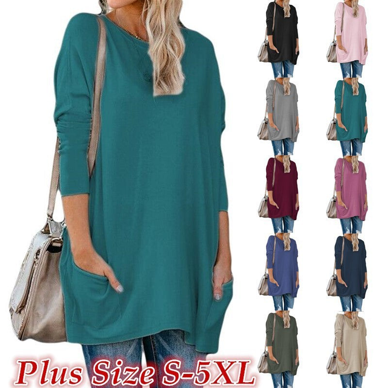 Women's Round Neck Long-sleeve Pocket T-shirt Blouses