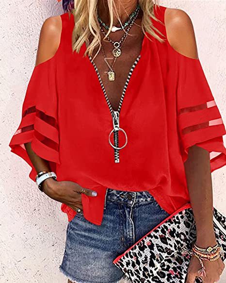 Women's Bell Sleeve Mesh Stitching Loose Casual Blouses