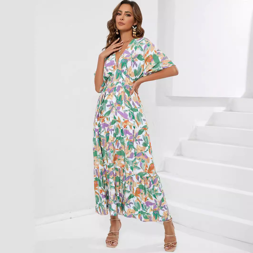 Women's Sleeve Deep V Waist Trimming Printing Dresses