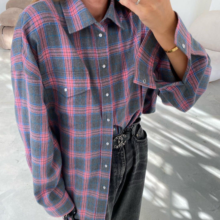 Women's Style Lapel Loose Shirt Autumn Plaid Blouses