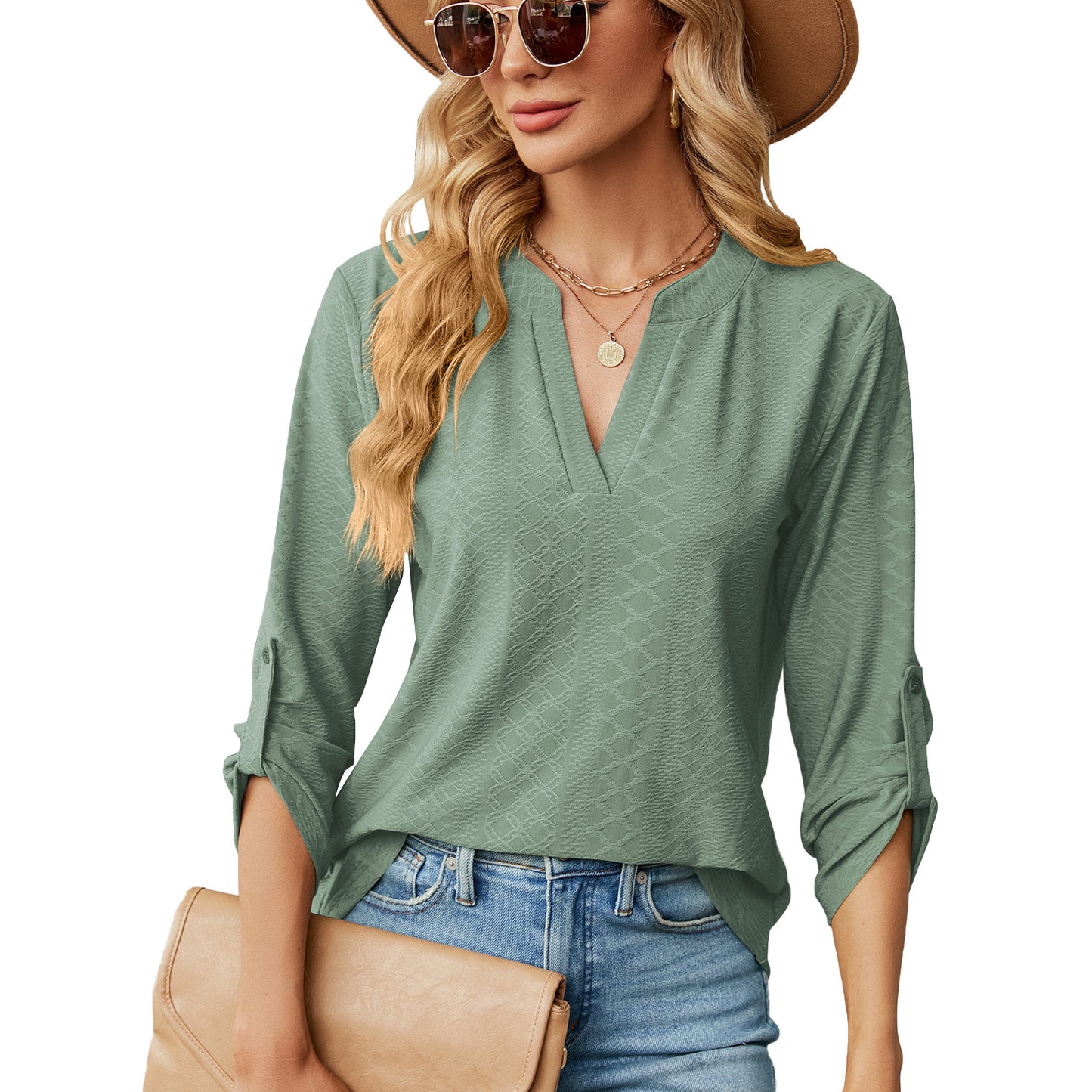 Women's Color And Three-quarter Sleeve Button Loose-fitting Blouses