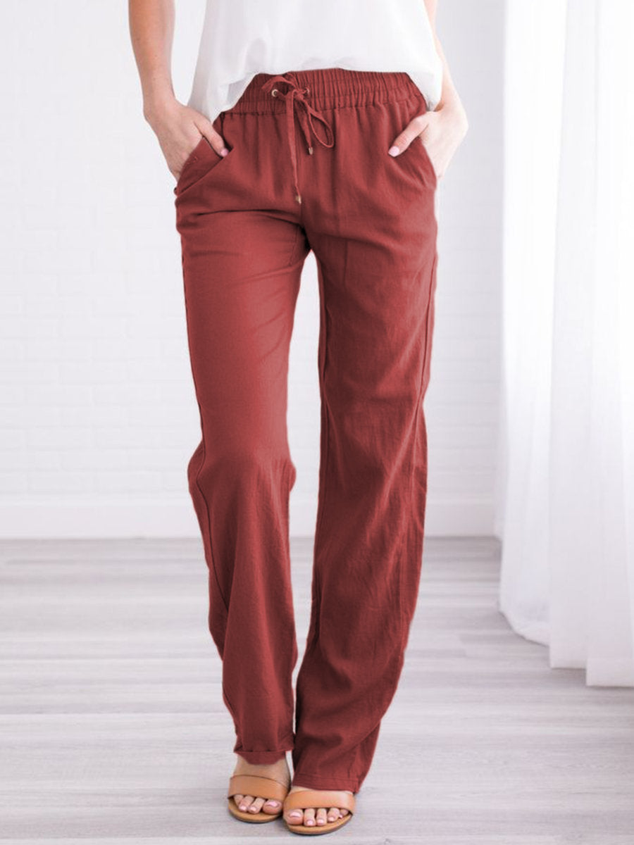 Pantalon ample à cordon de serrage en coton et lin de couleur unie pour femme