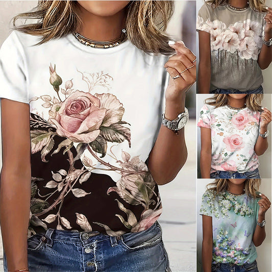 Kurzärmliges T-Shirt mit Blumen- und Pflanzendruck für den Sommer für Damen