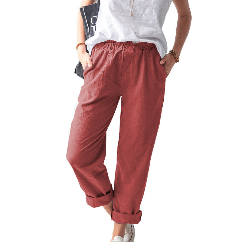 Pantalon en lin pour femme, pantalon haut élastique de couleur unie