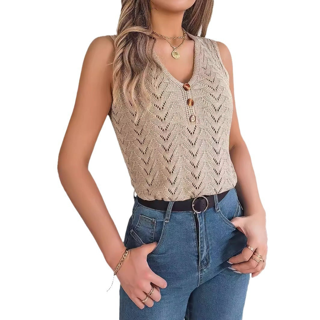 Women's Comfortable Button Hollow Sleeveless Holiday Knitwear