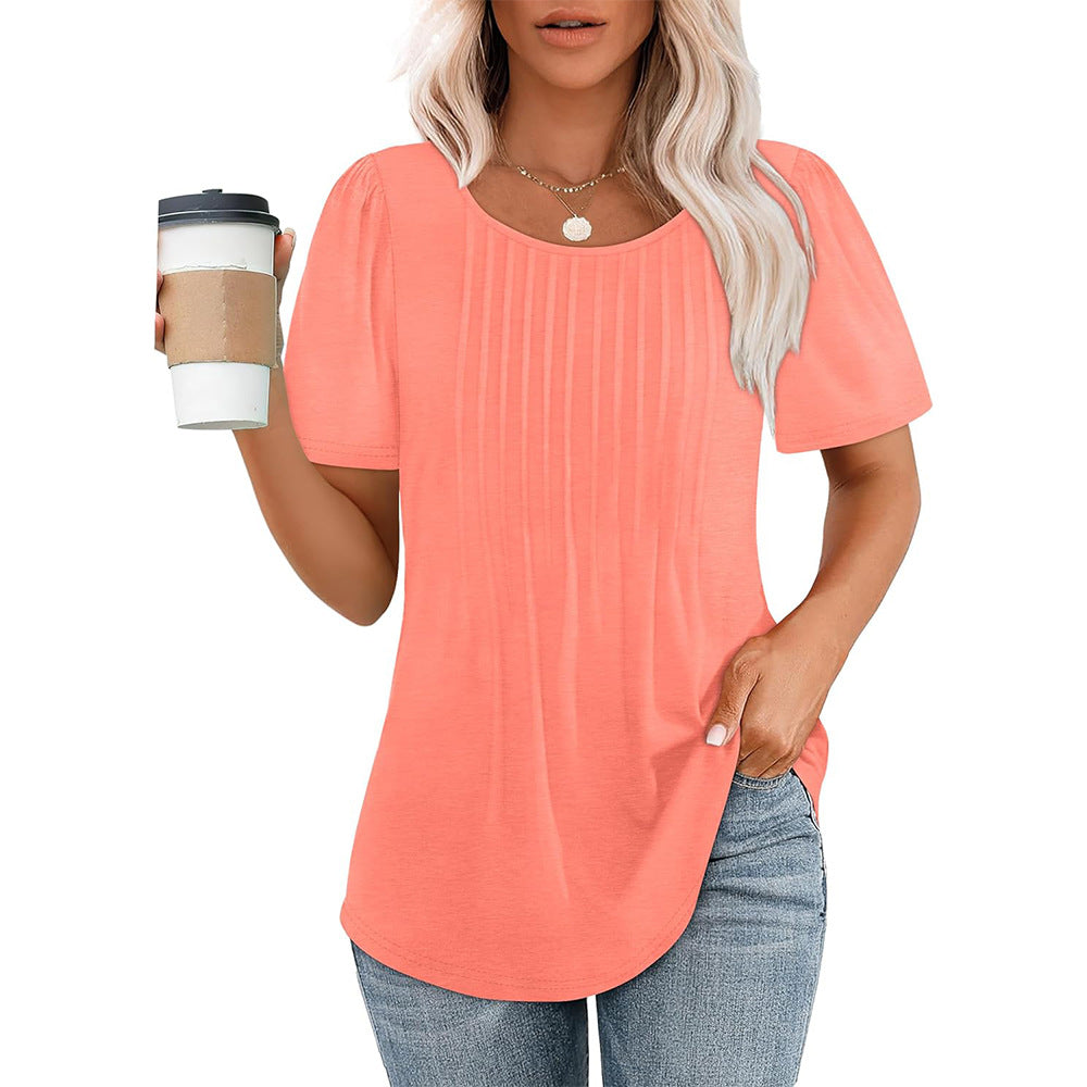 Women's Pleated Round Neck Short-sleeved T-shirt Blouses