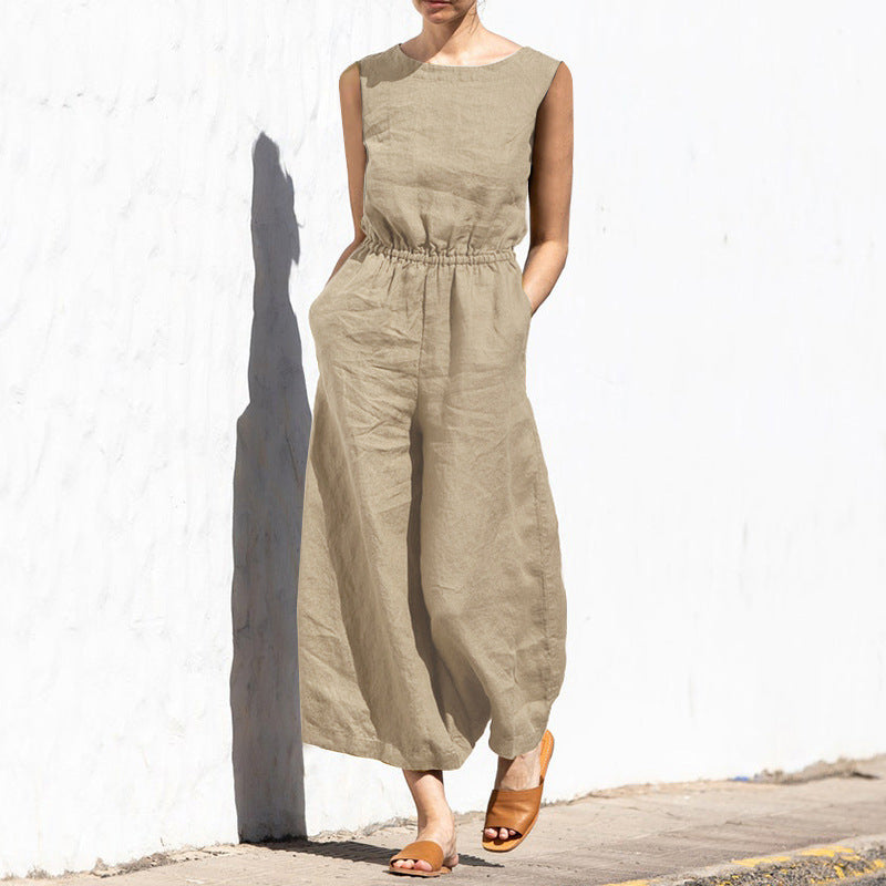 Einfarbiger, ärmelloser, schlankmachender Jumpsuit für den Sommer für Damen mit hoher Taille