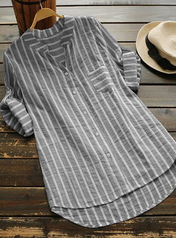 Women's Spring Casual Mid-length Shirt Striped Three-quarter Blouses