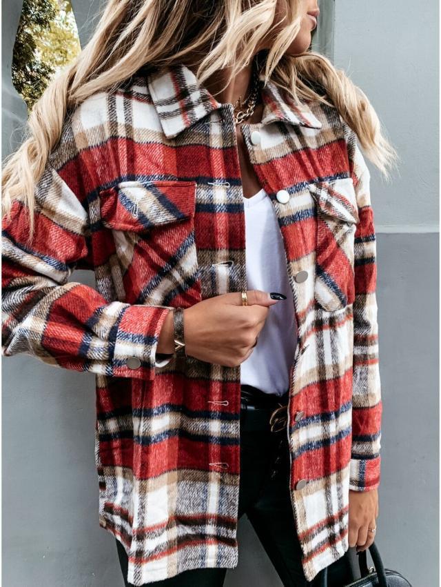 Women's Woolen Shirt Long Sleeve Plaid Blouses