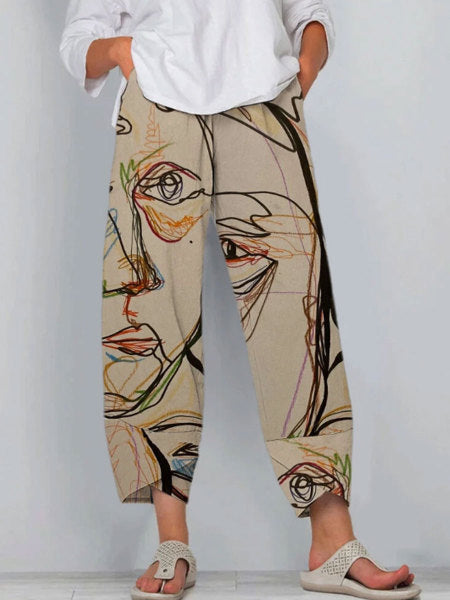 Women's Waist Gray Printed Stitching Loose Cropped Pants