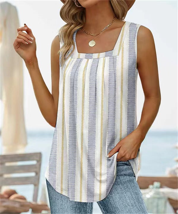 Women's Summer Sleeveless Square Collar Printed T-shirt Blouses