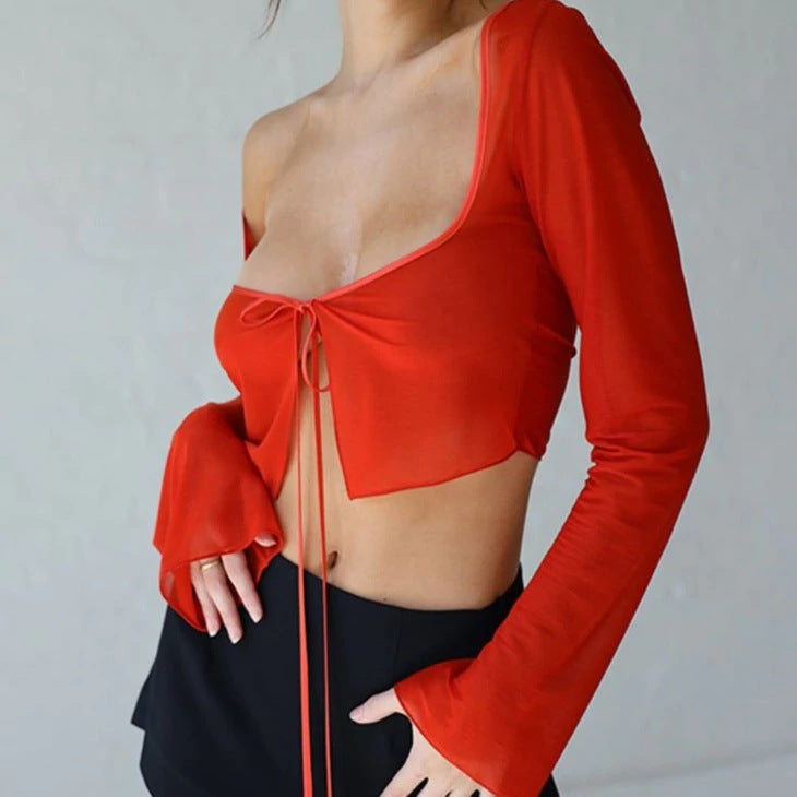 Personalized Low-cut Solid Color Square Collar Mesh Long Sleeve Blouses