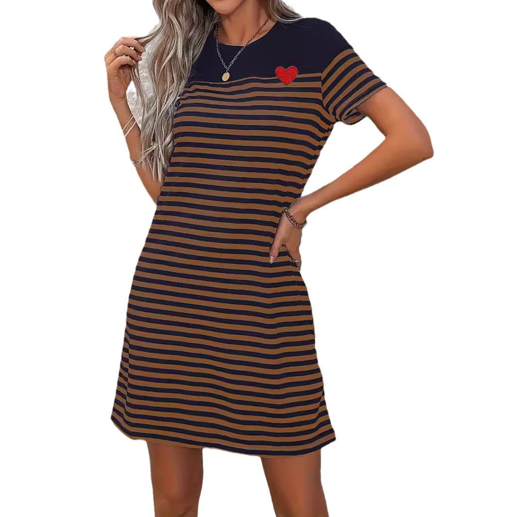 Women's Neck Black White Striped Sleeve Color Dresses